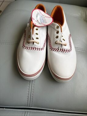 Keds White Sneakers with Red Stitching and Tan Lining